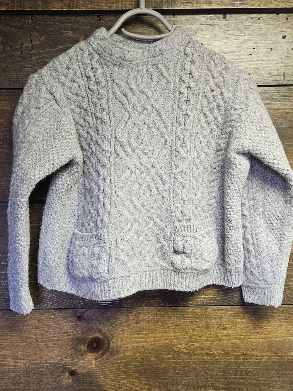 Chunky Cable Knit Crop Sweater - Light Gray Aran Crafts 100% Merino Wool Large
